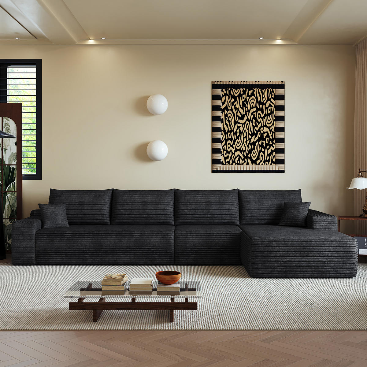 ECKSOFA 340/175/83 cm Schwarz mit L-förmiger Chaiselongue, Rechte Seite - Schwarz, Textil (340/175cm) - Oxeza