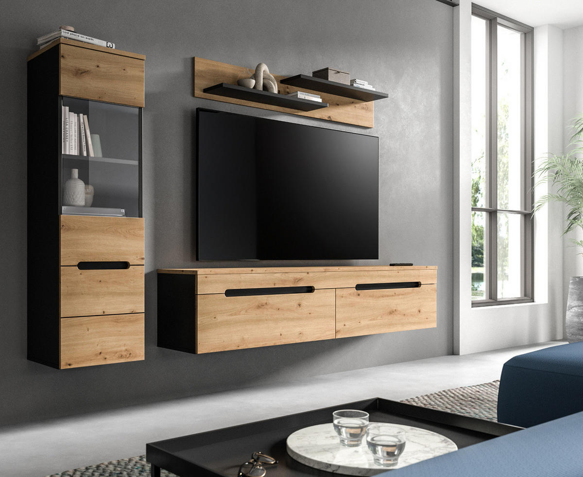 WOHNWAND Eiche Artisan, grau, Kombination 3-teilig 220 cm hängend oder stehend, Soft-Close, Cooper - Schwarz/Eiche Artisan, Glas/Holzwerkstoff (221/141/33cm) - Inn.Furn