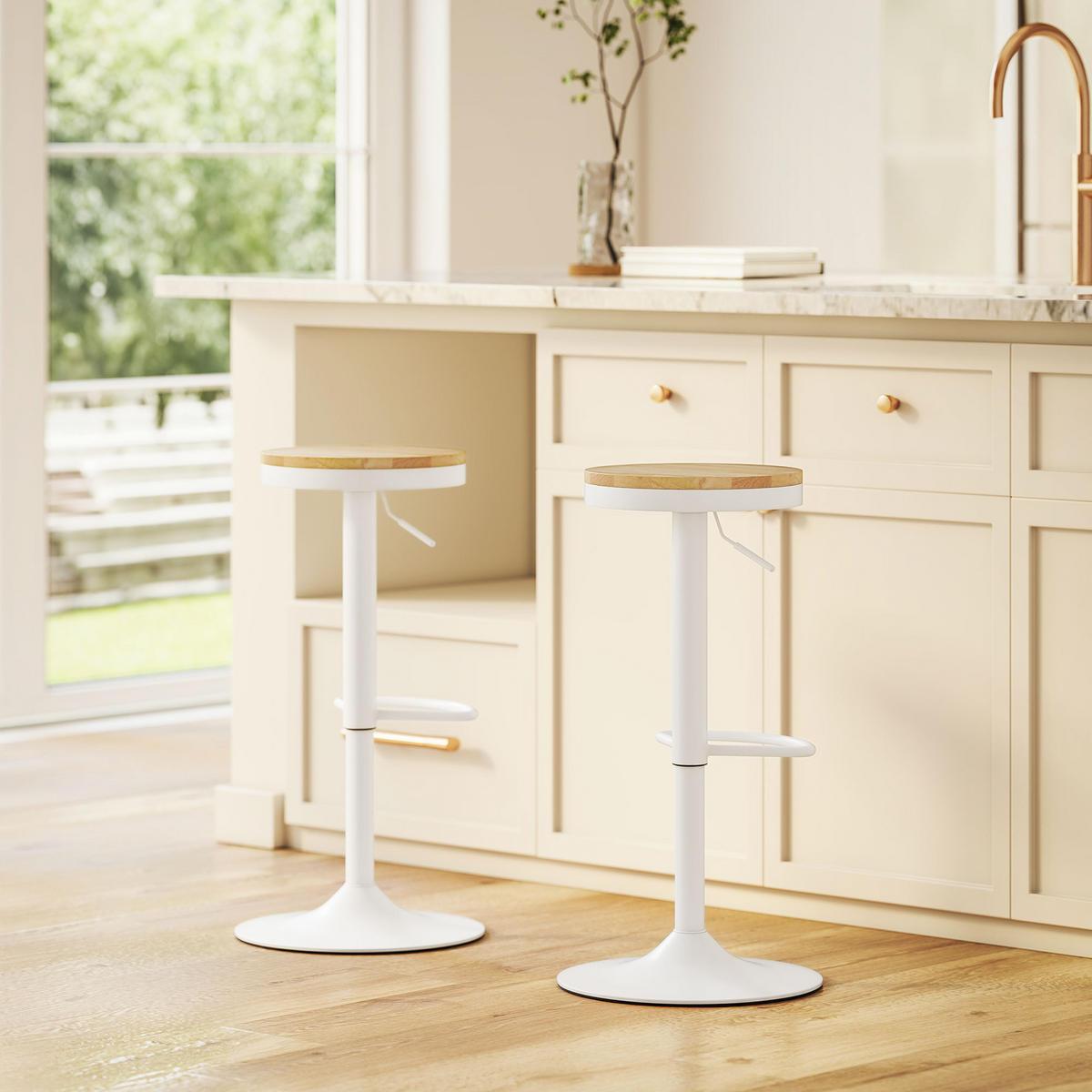 BARHOCKER 2er-Set DE-08040 höhenverstellbar, 360° drehbar Weiß - Naturfarben/Weiß, Holzwerkstoff (38.5/80/38.5cm) - ComfortXL