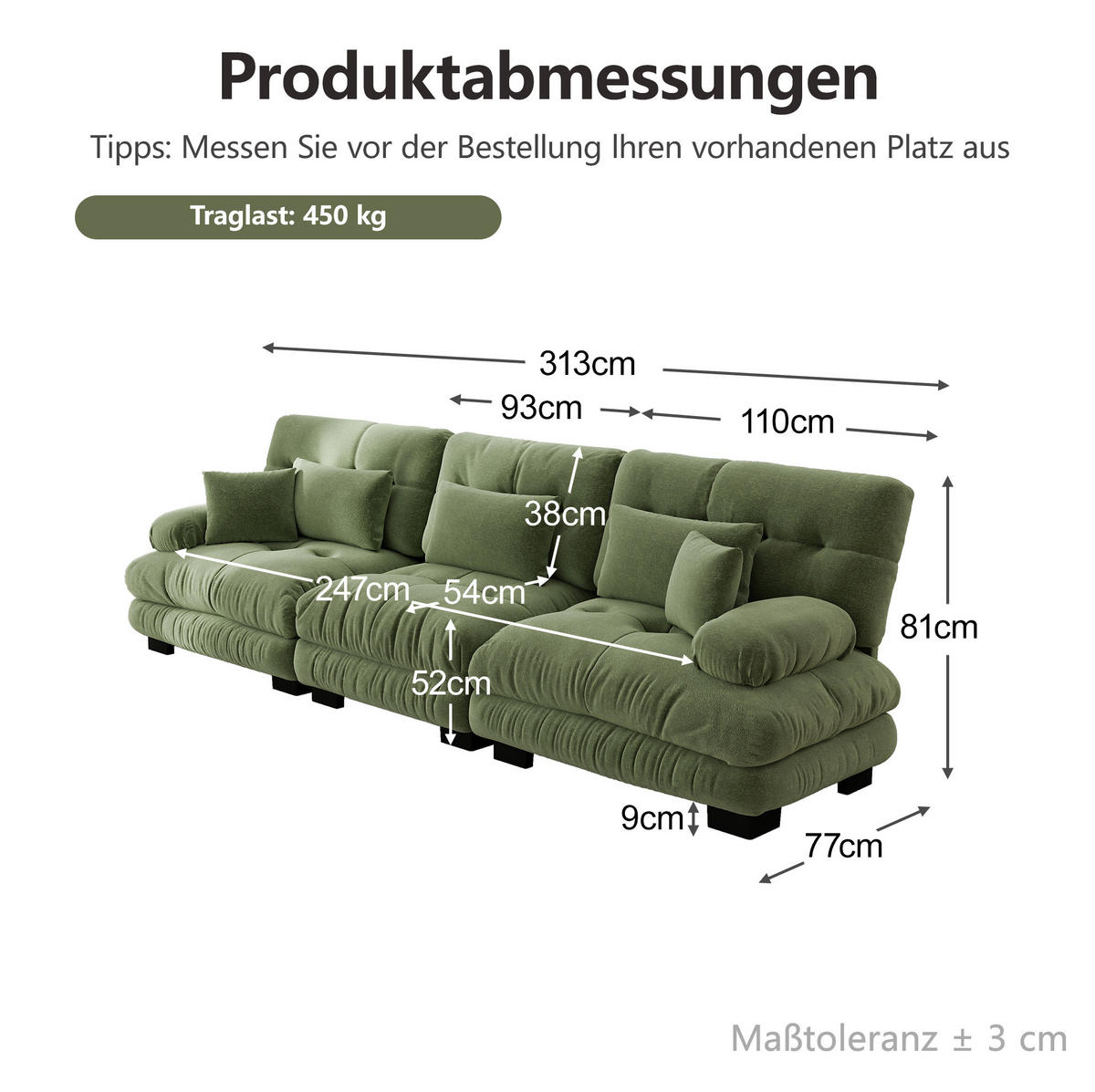 SOFA aus Chenille in Grün mit Tiefensitz - Grün, Textil (77/81/313cm) - Flora Grace