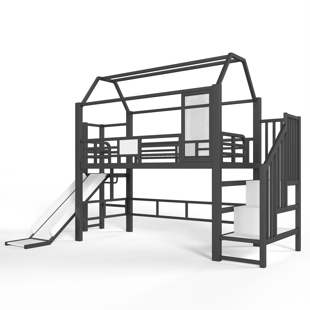 HOCHBETT 90/200 cm Hausform mit Rutsche und LED, DE-41963, in Schwarz - Schwarz, Metall (90/200cm) - ComfortXL
