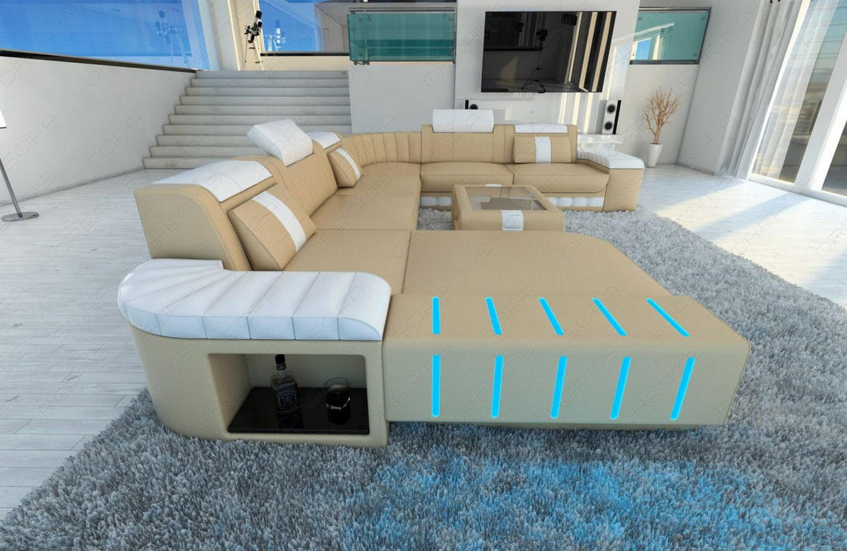WOHNLANDSCHAFT Bellagio Sandbeige Weiß Büffelleder - Sandfarben, Leder (362/80/287cm)