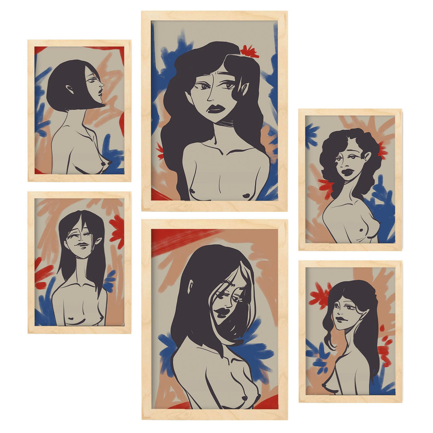 POSTER Set Mit 6 Faszinierende Schönheit In Weibliche Zusammenfassung Ästhetische Dekorative Gemälde Für Ihr Zuhause A3 & A4 Rahmen Aus Hellem Holz - Beige, Papier (29/3cm) - Nacnic