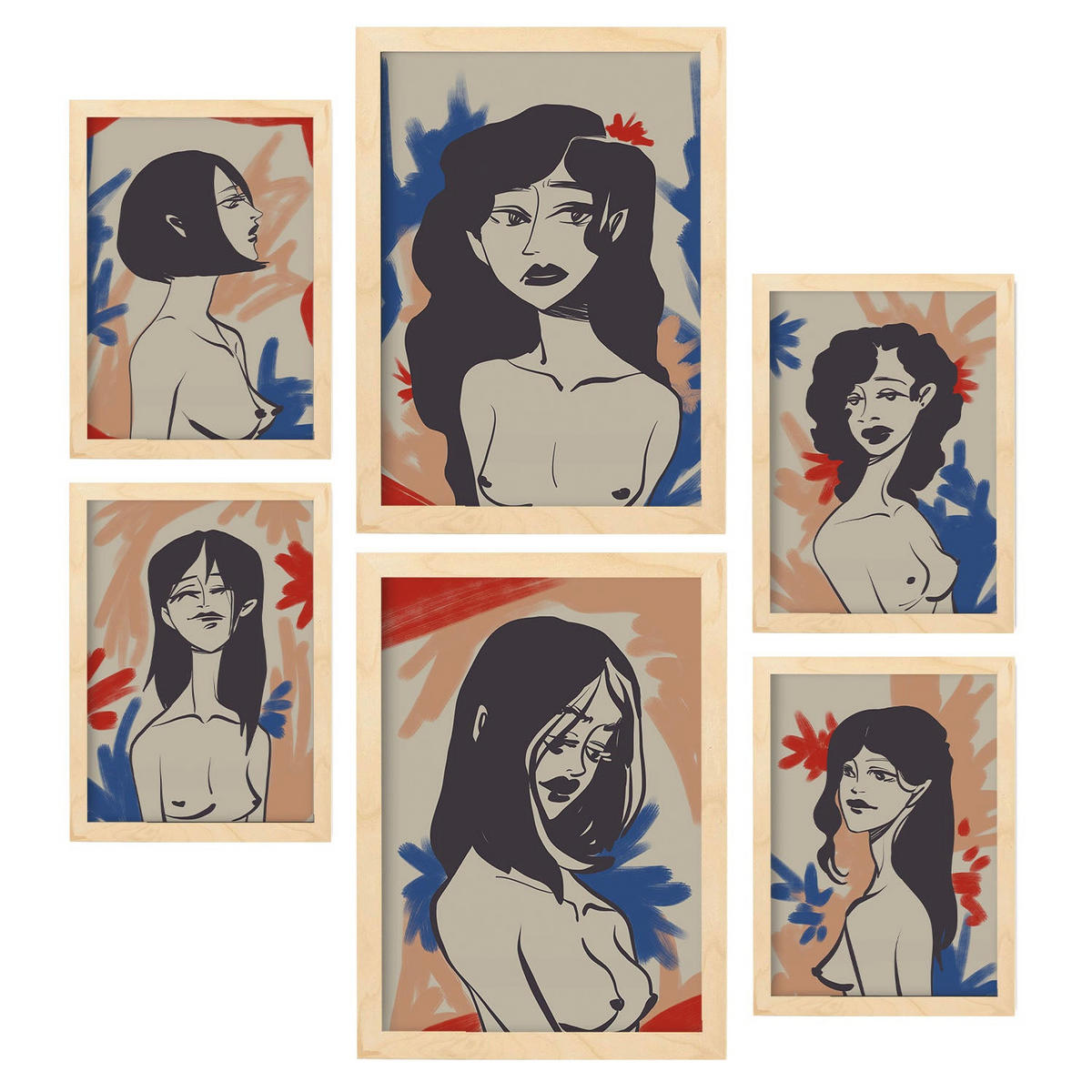 POSTER Set Mit 6 Faszinierende Schönheit In Weibliche Zusammenfassung Ästhetische Dekorative Gemälde Für Ihr Zuhause A3 & A4 Rahmen Aus Hellem Holz - Beige, Papier (29/3cm) - Nacnic