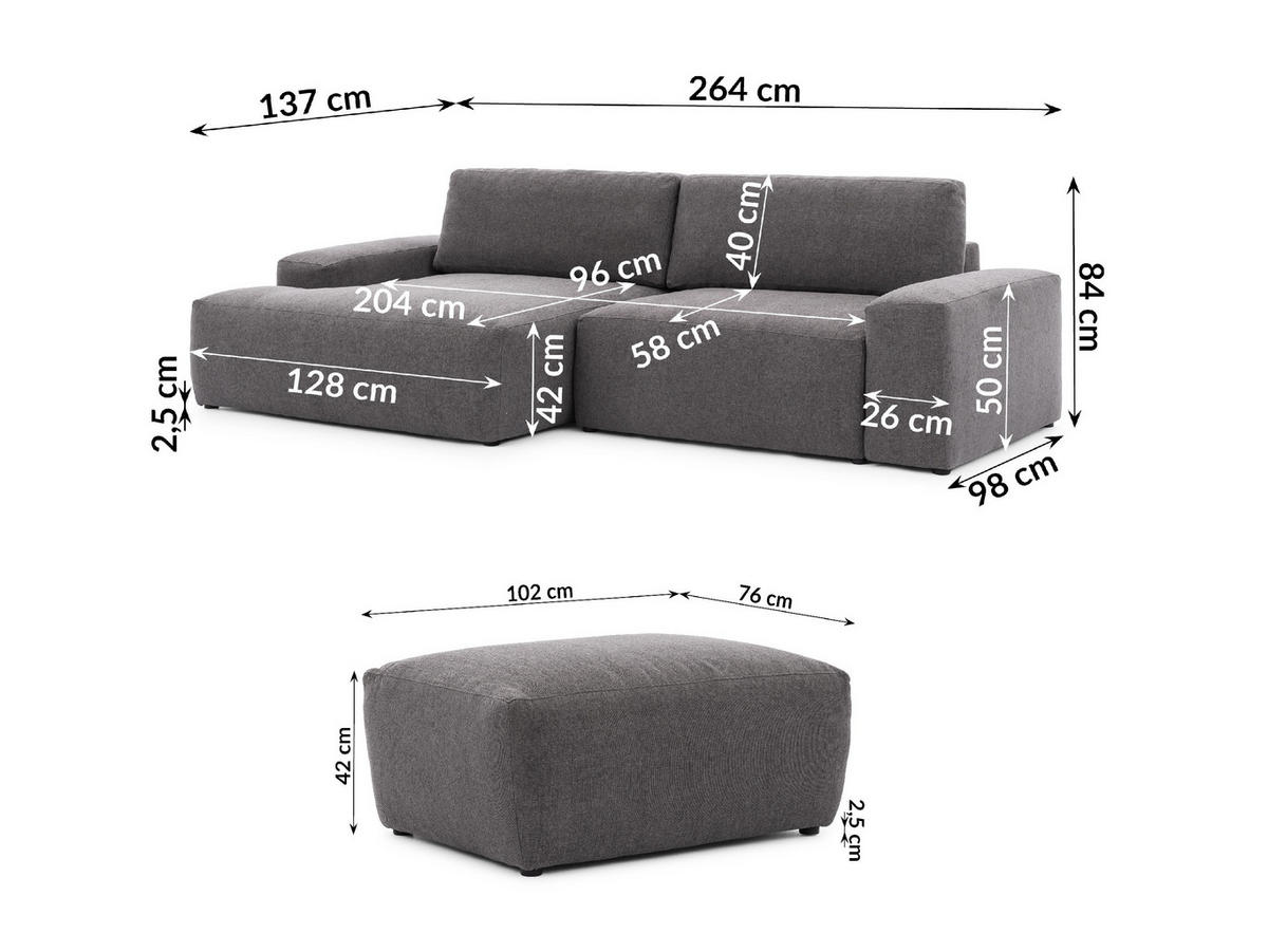 ECKSOFA inkl. Hocker Lennon aus Graphit Strukturstoff mit Schlaffunktion und Bettkasten - Graphitfarben/Schwarz, Holz/Kunststoff (137/264cm) - S-Style
