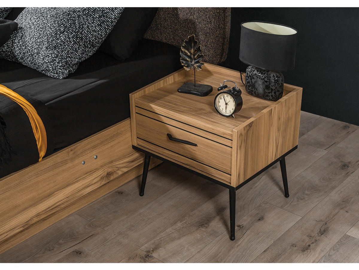 BETTANLAGE CIZGI Schlafzimmer-Set, 4-teilig, Eiche, Bett mit Kopfteil 2 Nachttischen und Kleiderschrank - Eichefarben, Holzwerkstoff (160/200cm)