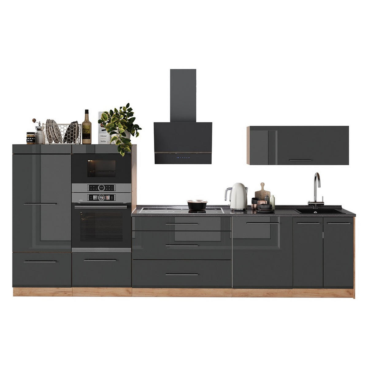 CHICINETĂ Fame-Line, Antracit lucios ridicat/Stejar auriu, 340 cm fara blat - culoare lemn stejar/antracit, compozit lemnos (340/153.6/51.6cm) - Vicco