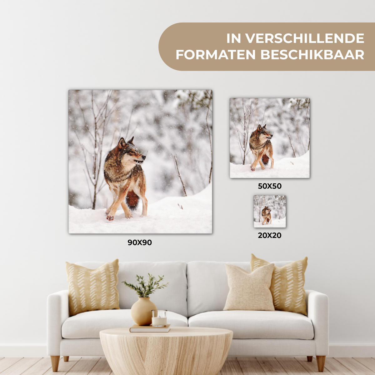 LEINWANDBILD Wolf - Winter - Schnee - Natur - Tiere Deko Groß 90x90 cm - Haselnussfarben, Textil (90/90cm) - MuchoWow