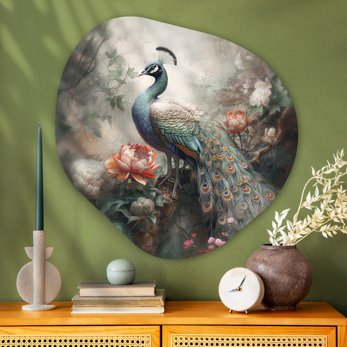 WANDBILD Pfau - Pfauenfedern - Vogel - Dschungel - Blumen 90x90 cm - Smaragdgrün, Kunststoff (90/90cm) - MuchoWow