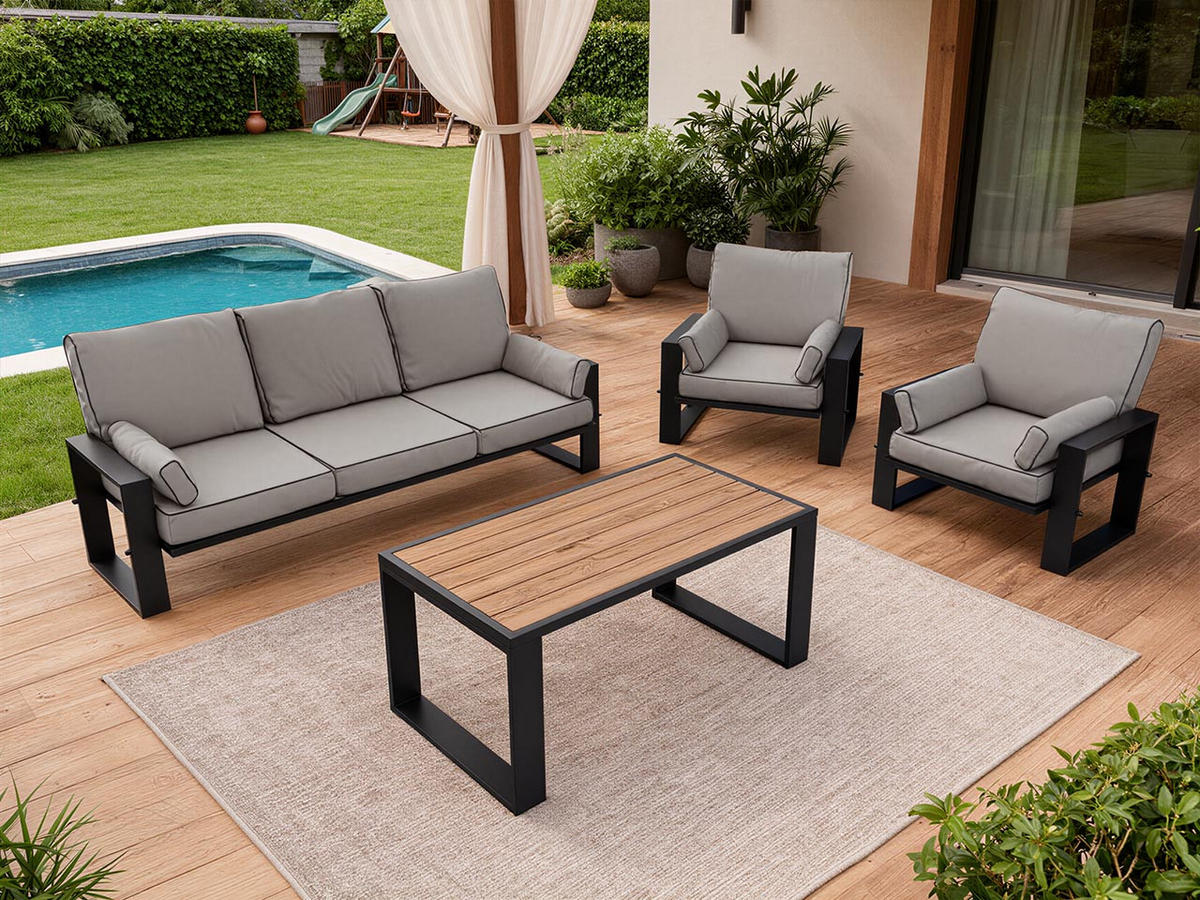 GARTENMÖBEL-SET ELBA: 1x Tisch, 1x Sofa, 2x Sessel - Grau - Grau, Textil - MKS