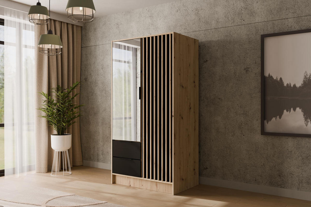 KLEIDERSCHRANK NELIA - 120 cm - Schwarz/Eiche Artisan, Holzwerkstoff (102/200/51cm) - ALTDECOR