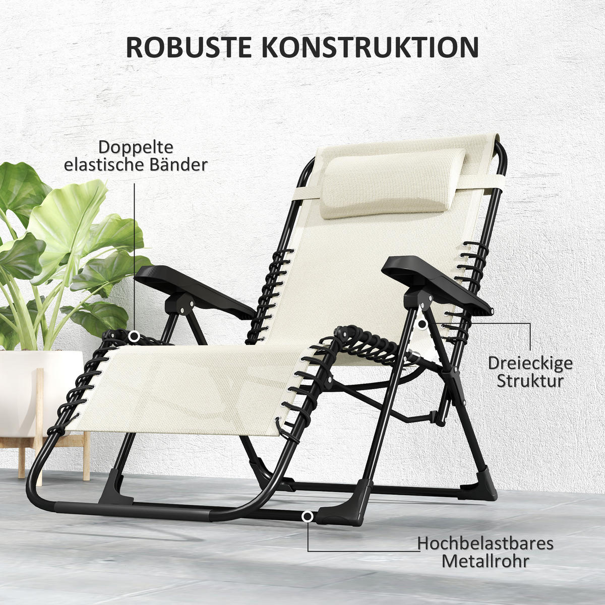 SONNENLIEGE klappbar Gartenliege mit Kopfkissen, Liegestuhl Campingliege Beige - Beige, Metall (65/112/90cm) - Outsunny