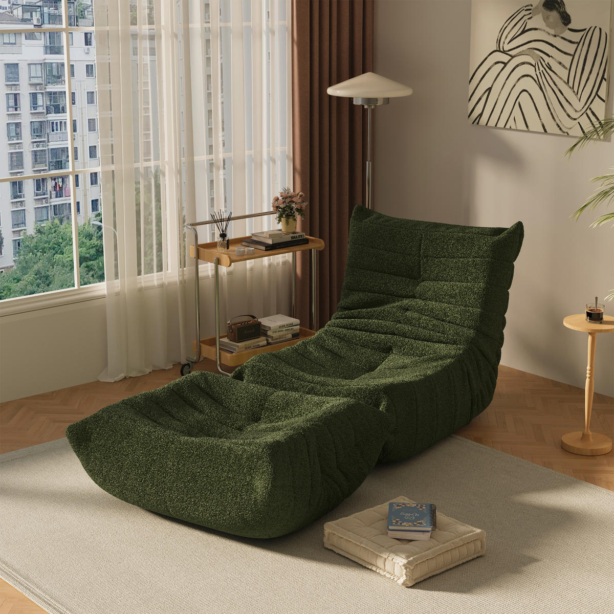 SITZSACK Stoff Dunkelgrün mit Fußstütze, gepolsterter Loungesessel mit breiter Sitzfläche - Grün, Textil (85/79/114cm) - WISHDOR