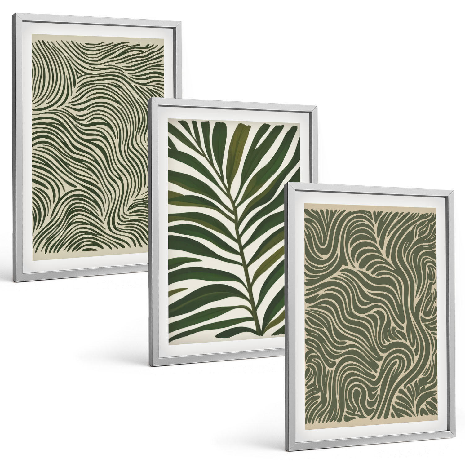 BILDER SET 3er Set - 40x60 cm Silberner Rahmen - Blattmuster wellenförmige Formen - Silberfarben, Kunststoff (40/60cm) - TULUP
