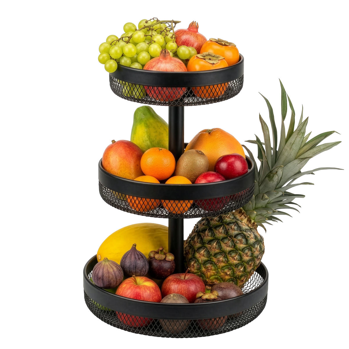 OBSTETAGERE rund, 3-stöckig, Ø 20 cm, 25 cm und 30 cm, schwarz, Metall - Schwarz, Metall (42cm) - eluno