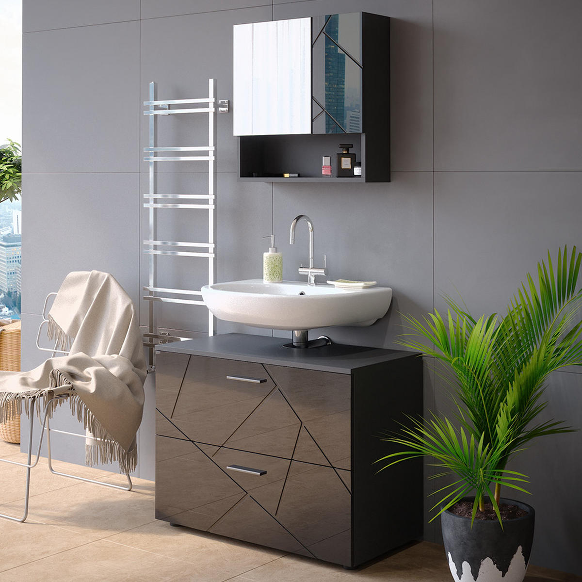 BADMÖBEL-SET Irma Anthrazit Hochglanz 2 Teile - Schwarz Hochglanz/Anthrazit, Holzwerkstoff (80/58.6/41cm) - Vicco