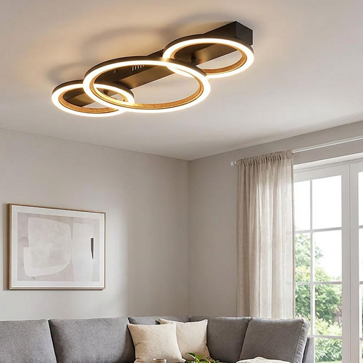 LED DECKENLEUCHTE Holzoptik Braun Ring Design - Schwarz, Metall (58/30/7cm) - Globo Lighting