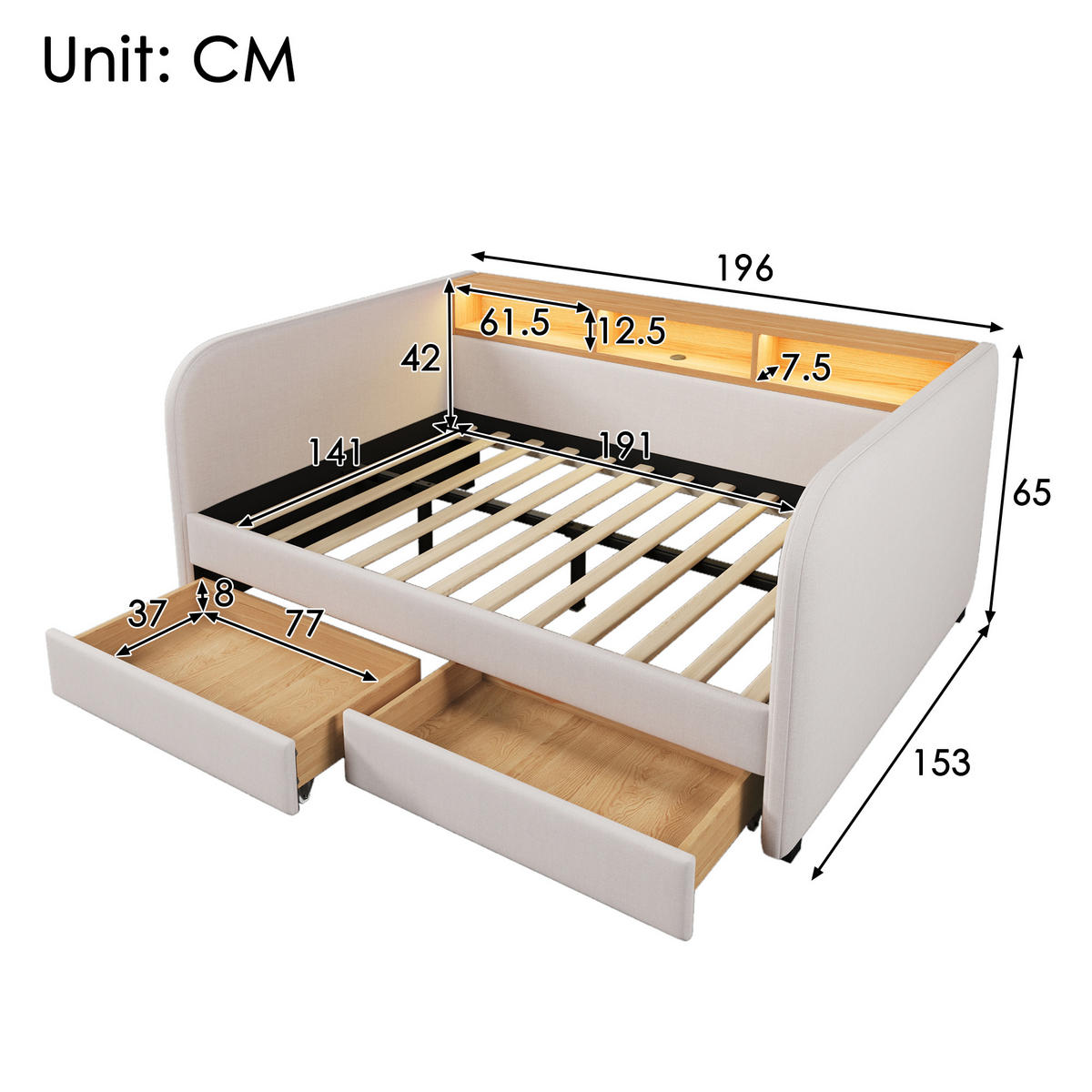 POLSTERBETT 140/190 cm mit LED-Beleuchtung, USB-C, Stauraumkopfteil und 2 Schubladen, Hellbeige - Beige, Textil (140/190cm) - Redom