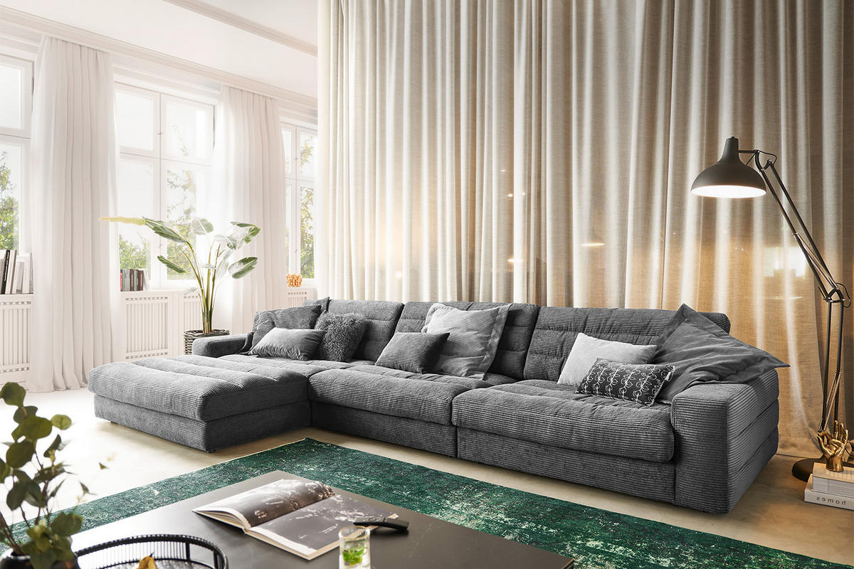 ECKSOFA XL LANA Grau Cord - Schwarz/Grau, Textil (416/205cm) - KAWOLA