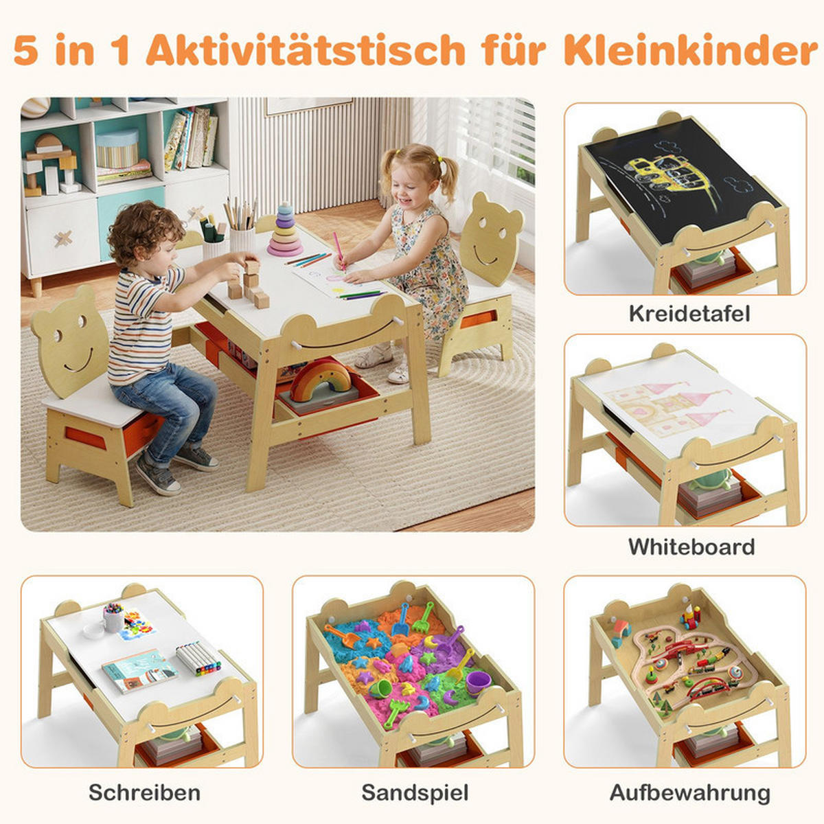 KINDERTISCH mit stuhl natur(3-tlg) - Naturfarben, Holzwerkstoff (70/50/60.5cm) - COSTWAY