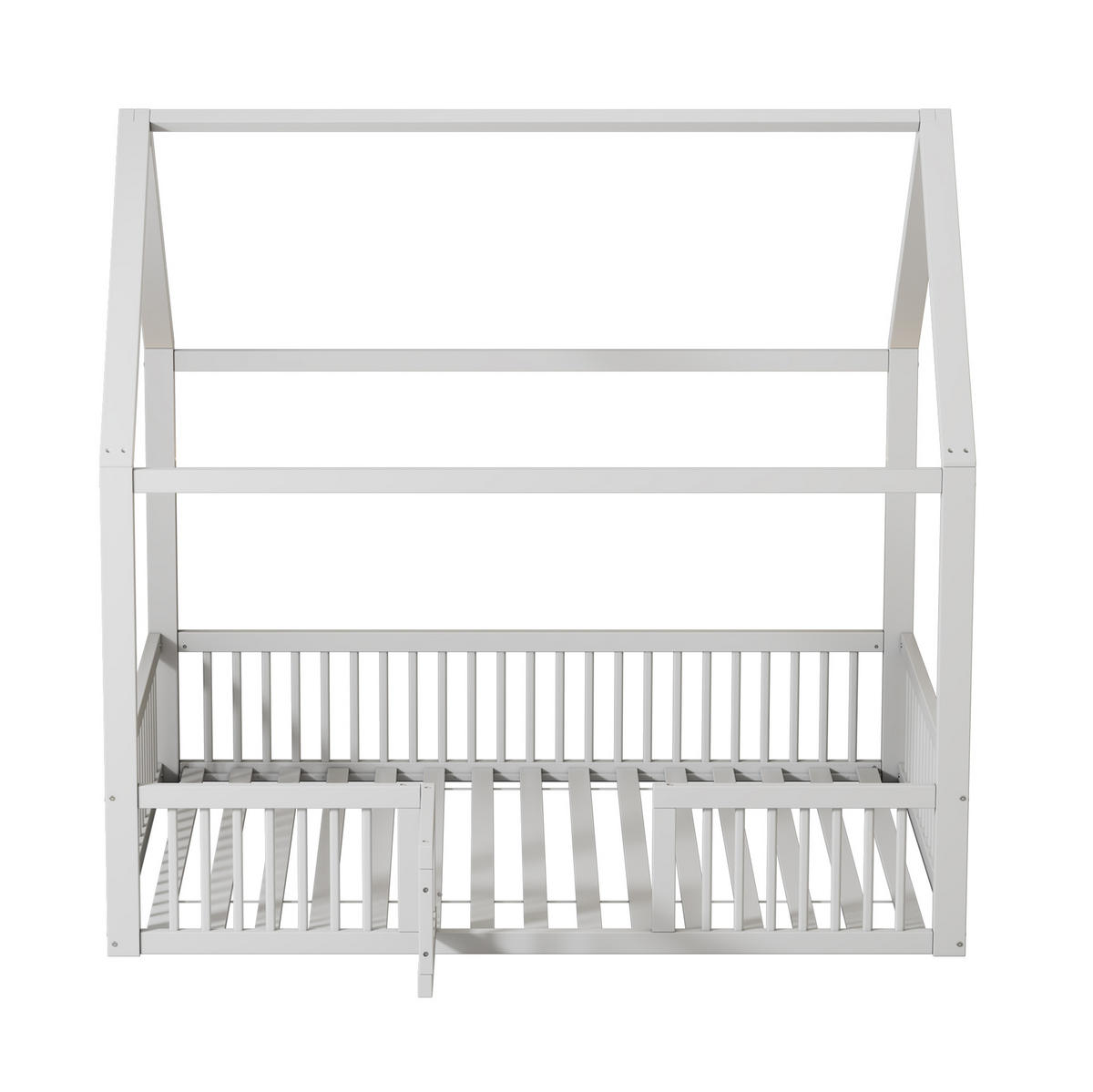 POSTELJA v obliki hiše 140/200 cm bela z varnostno ograjo in vratci iz bora in MDF - bela, les (140/200cm) - OKWISH
