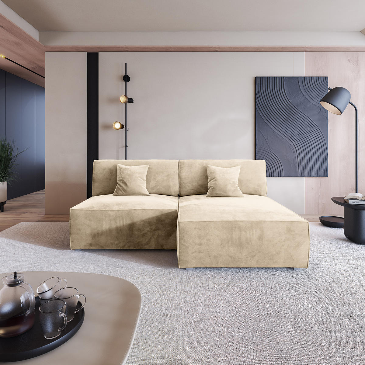 ECKSOFA FIORO M Creme Velours-Stoff mit Schlaffunktion - Creme/Grau, Holz/Kunststoff (204/148cm) - MASSENO