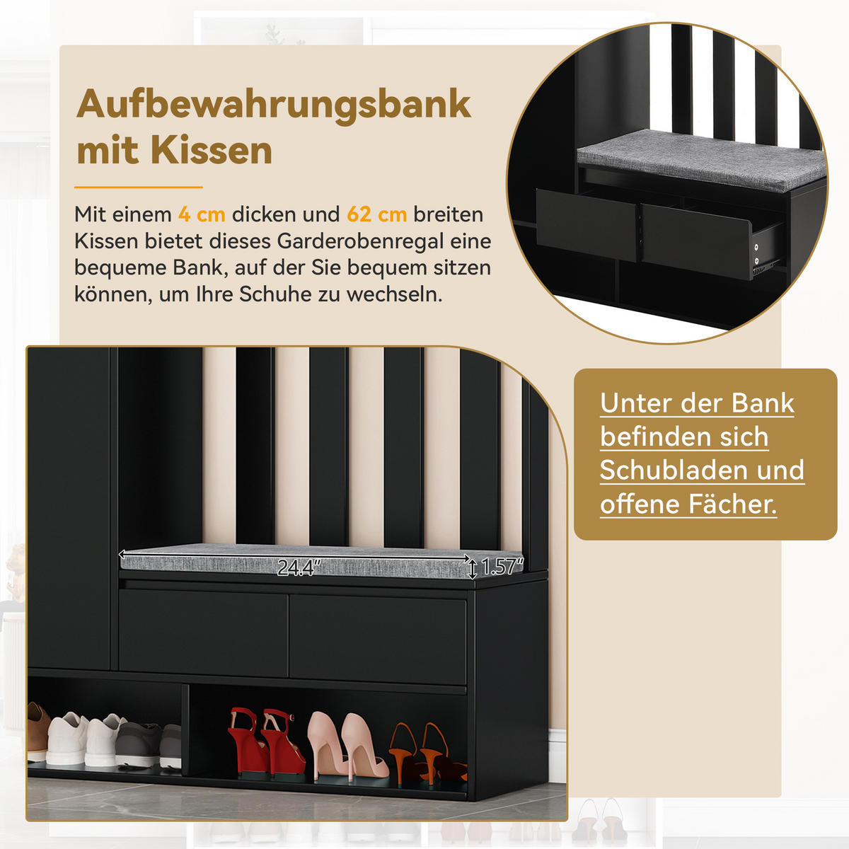 DIELENGARDEROBE mit Sitzbank und 4 Haken in Schwarz, 100/35/180 cm - Schwarz, Holzwerkstoff (100/180/35cm) - BEAOK