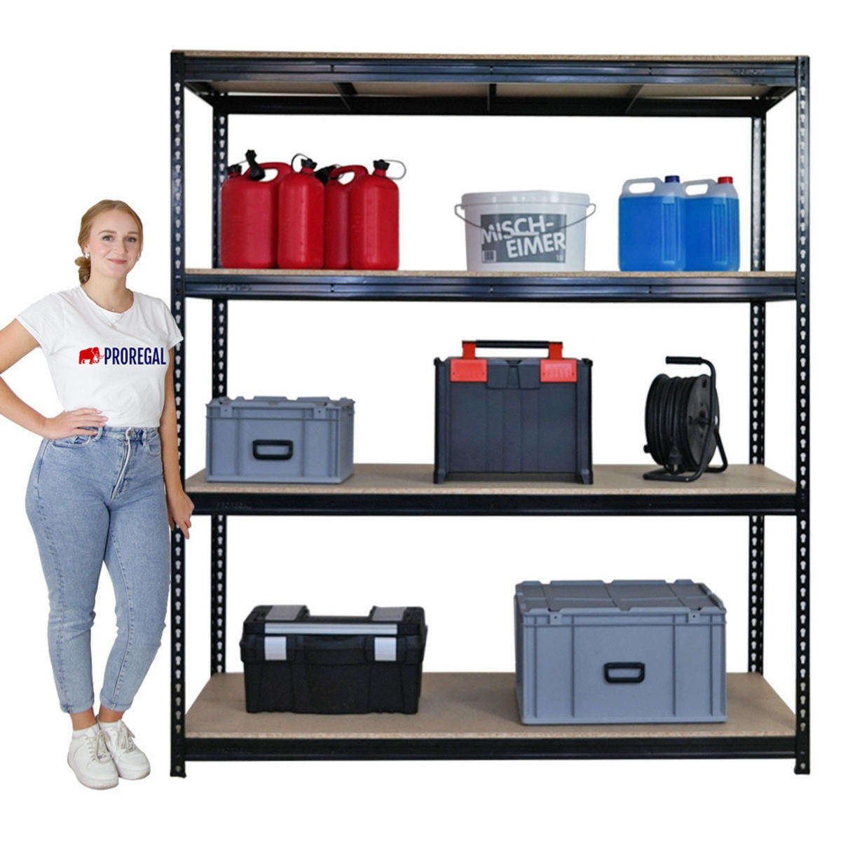 SCHWERLASTREGAL Bison 200x180x60 cm 4 Spanplatten-Ebenen 16mm Fachlast 600 kg Schwarz - Schwarz, Metall (180/200/60cm) - PROREGAL