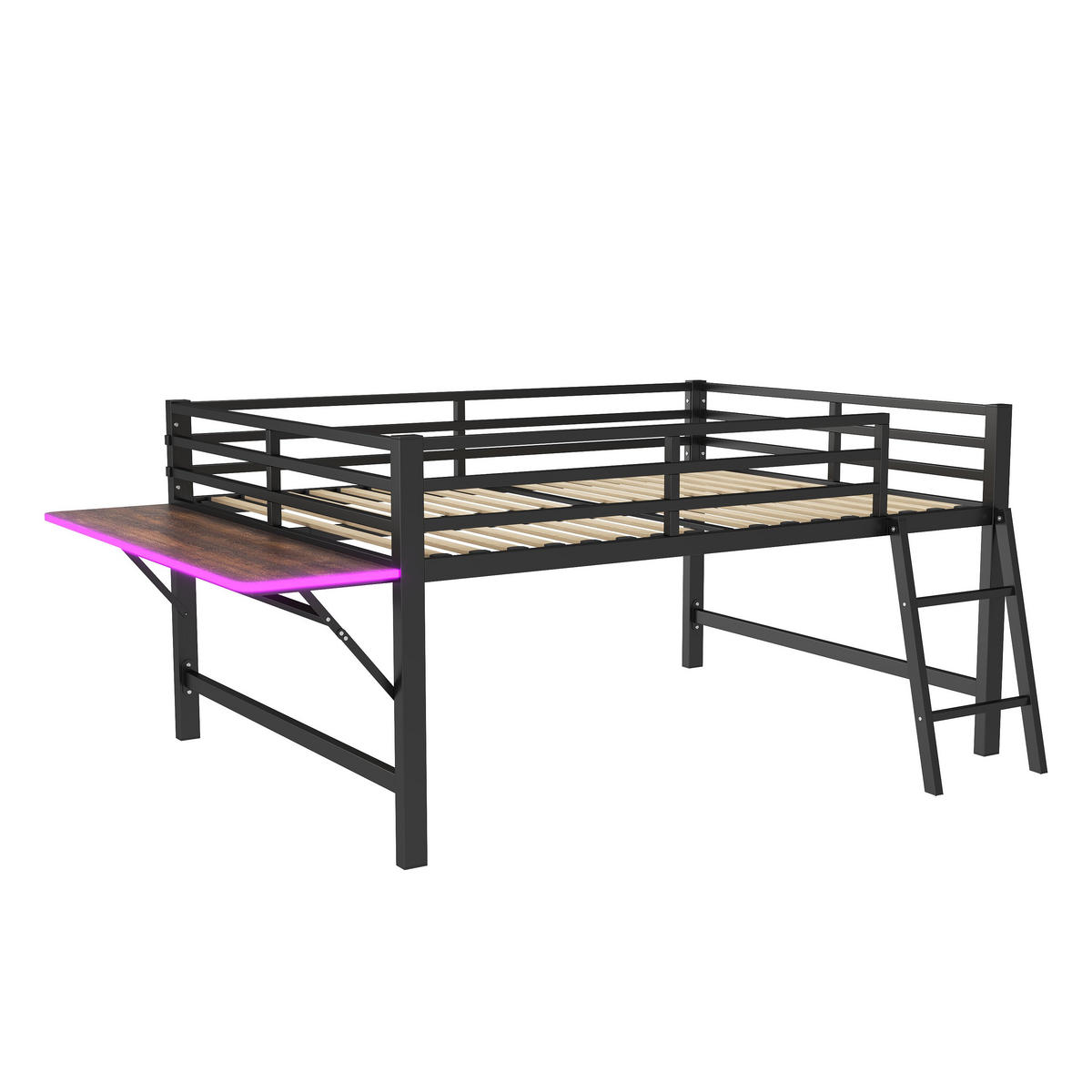 HOCHBETT 140/200 cm Schwarz mit Schreibtisch und LED-Beleuchtung - Schwarz, Metall (140/200cm) - OKWISH