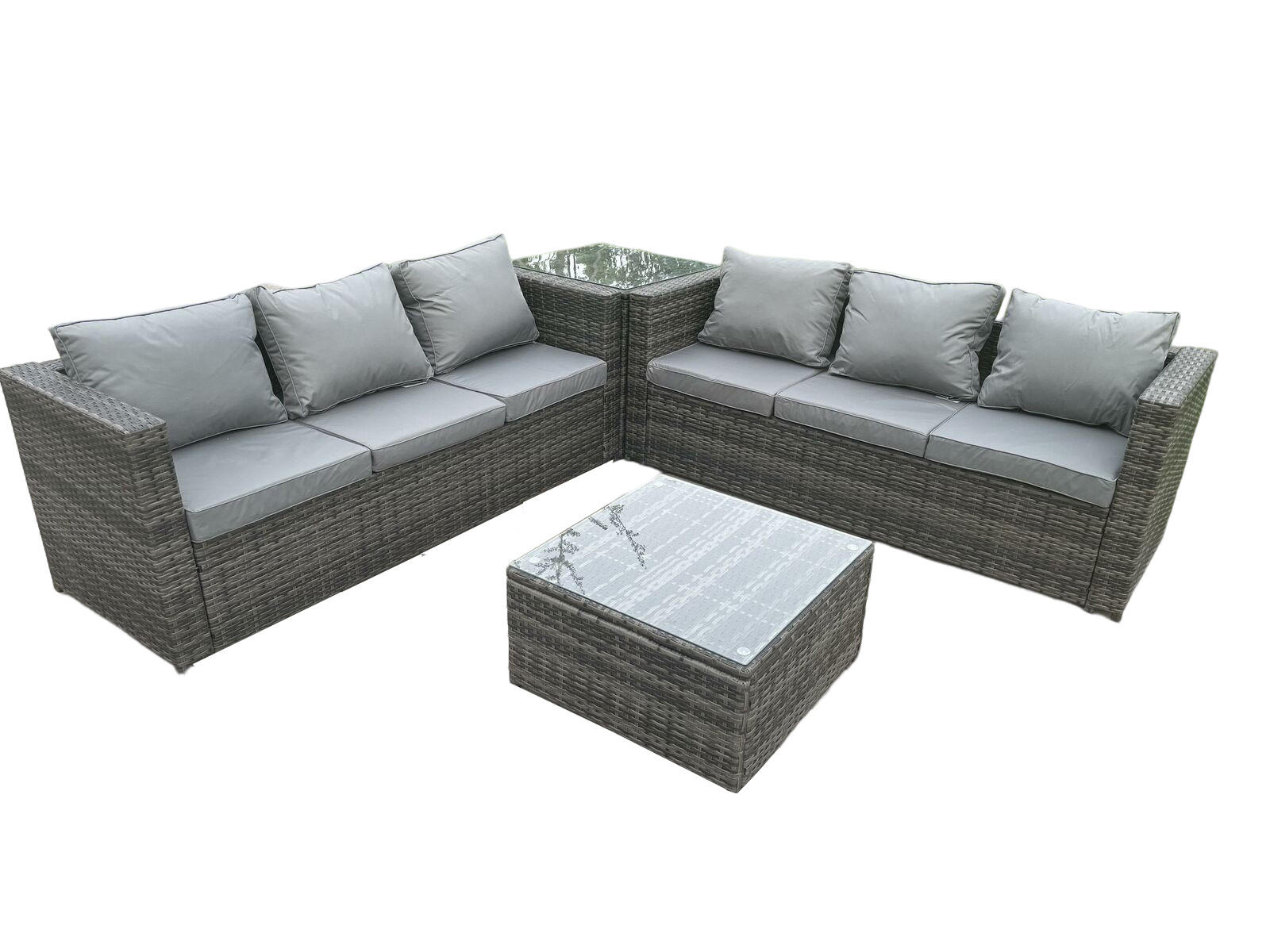 GARTENMÖBEL SET Polyrattan 6-Sitzer - Dunkelgrau/Grau, Glas/Kunststoff - Fimous