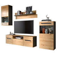 WOHNWAND Eiche Artisan und Grau, Set mit 2x Vitrine hängend / stehend, Breite 260 cm - Dunkelgrau/Schwarz, Glas/Holzwerkstoff (354/196/40cm) - Inn.Furn