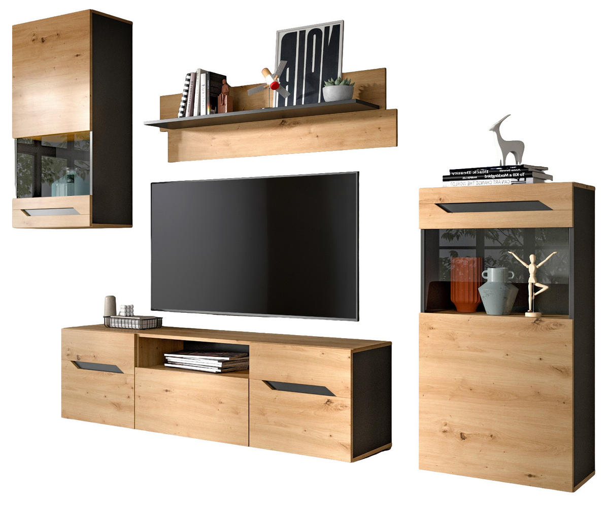 WOHNWAND Eiche Artisan und Grau, Set mit 2x Vitrine hängend / stehend, Breite 260 cm - Dunkelgrau/Schwarz, Glas/Holzwerkstoff (354/196/40cm) - Inn.Furn