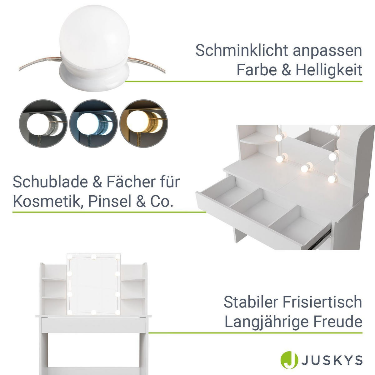 SCHMINKTISCH Bella mit LED und Hocker Tonia - Weiß, Holz (40/140/108cm) - Juskys