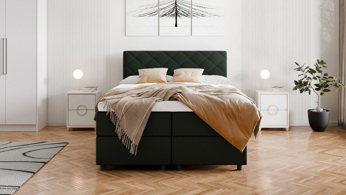 BOXBETT Diamaro 140x200 cm mit Bettkasten und Topper - Dunkelgrün - Grün, Holz (140/200cm) - Panda Möbel