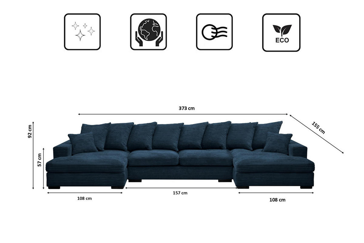 ECKSOFA mit Schlaffunktion und Bettkasten Couch U-form Gabon Stoff Zoom Blau - Blau, Holz (373/155cm) - Kaiser Möbel