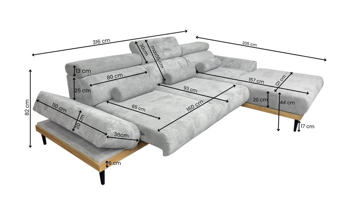ECKSOFA MONTERO links, Ecru, elektr. Sitztiefe & Kopfstützen - Ecru/Schwarz, Textil/Metall (316/205cm) - KS Home Concept