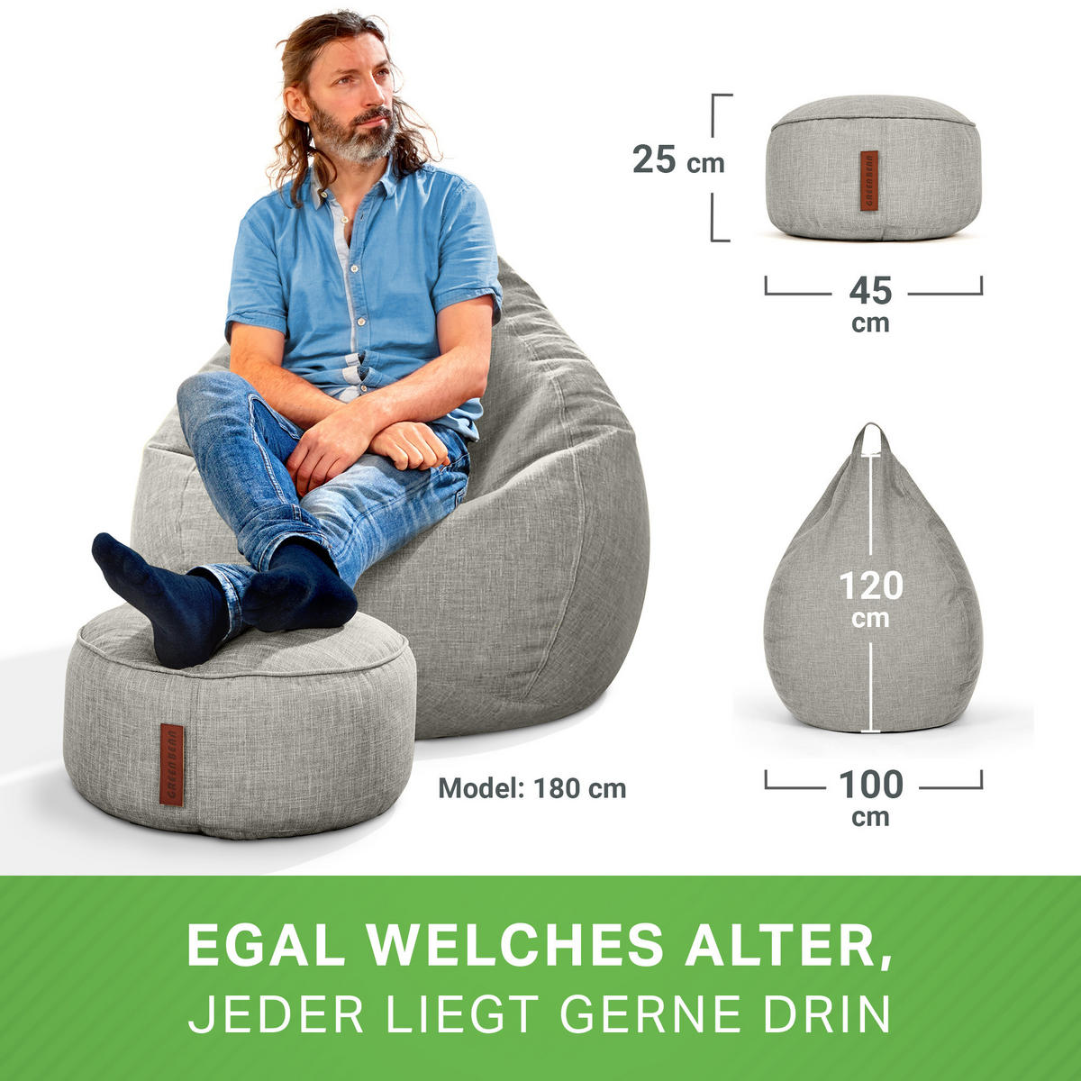 XXL-SITZSACK Indoor "Home Linen“+Hocker - Grau, Textil (100/120/50cm) - Green Bean