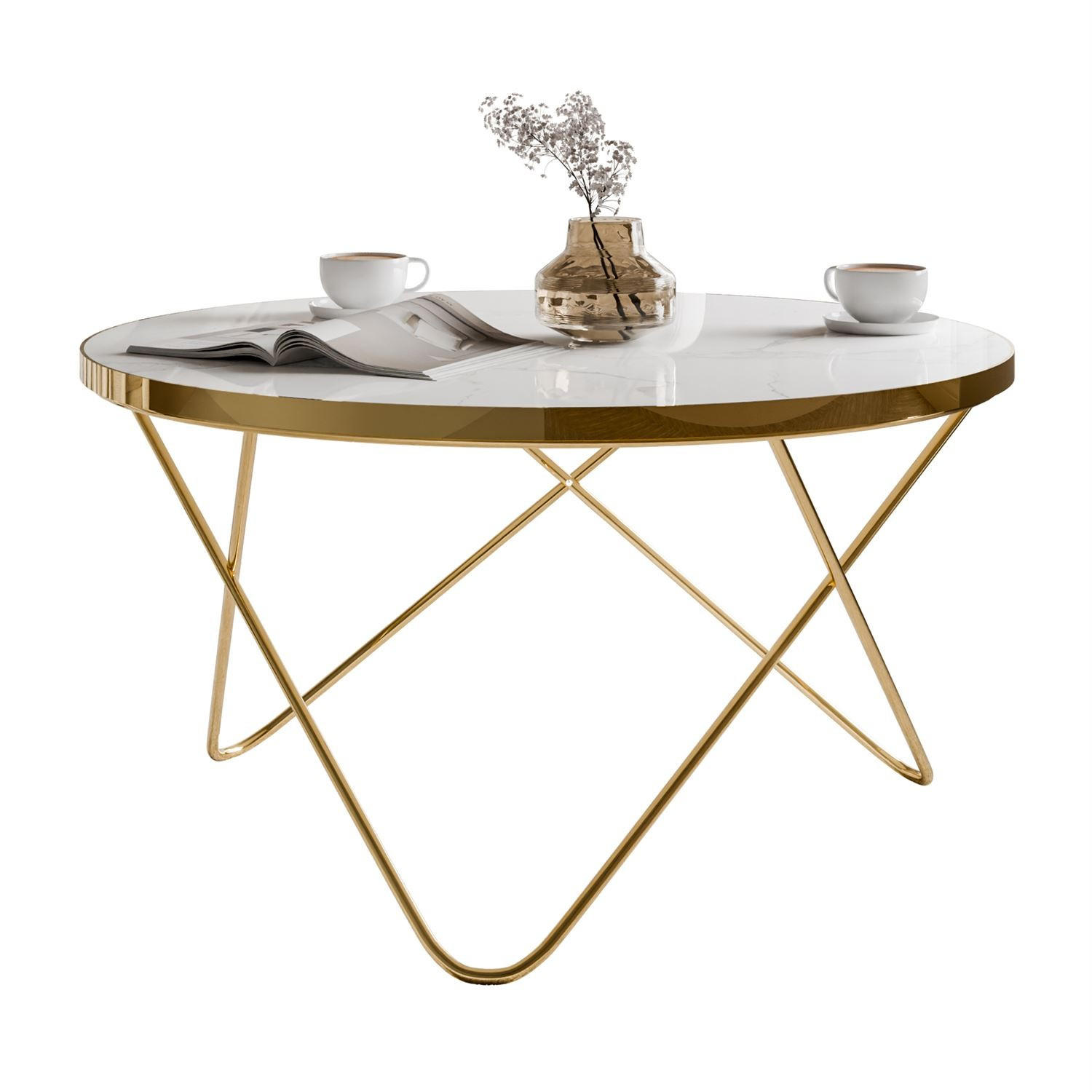 COUCHTISCH NORIEL mit goldenem Gestell und Marmorplatte - Weiß, Holzwerkstoff (80/80/39cm) - Lookway