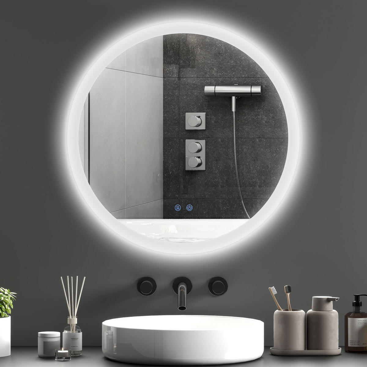 BADEZIMMERSPIEGEL DE-15127 mit 3 LED-Farben und dimmbarer Helligkeit Grau - Silberfarben, Glas (60/3/60cm) - ComfortXL