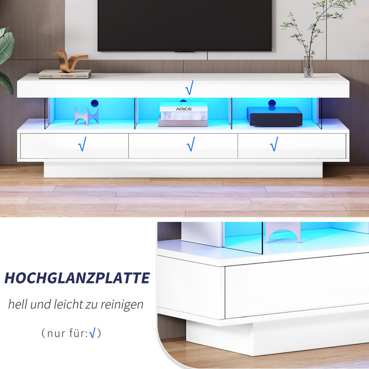 TV-SCHRANK 160x38cm Hochglanz LED-Beleuchtung App-Steuerung Weiß Glasfächer - Weiß, Holz (40.5/29/63.5cm) - FLIEKS