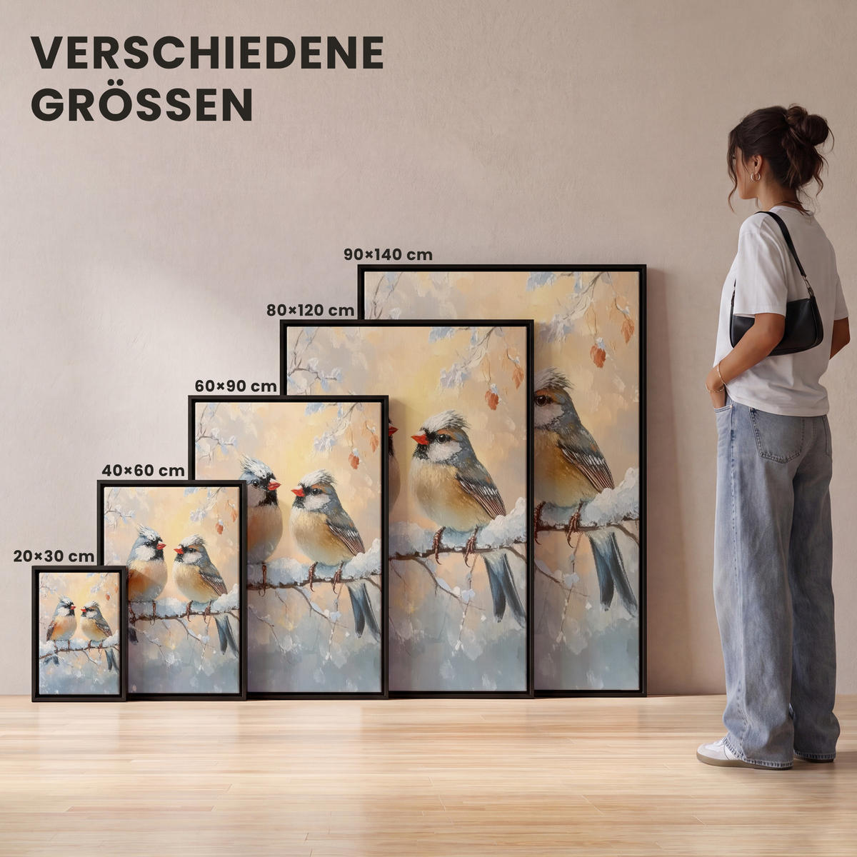 LEINWAND Bilder mit Rahmen - Vögel - Zweig - Winter - Schnee - 60x90 - Pastellblau, Textil (60/90cm) - MuchoWow