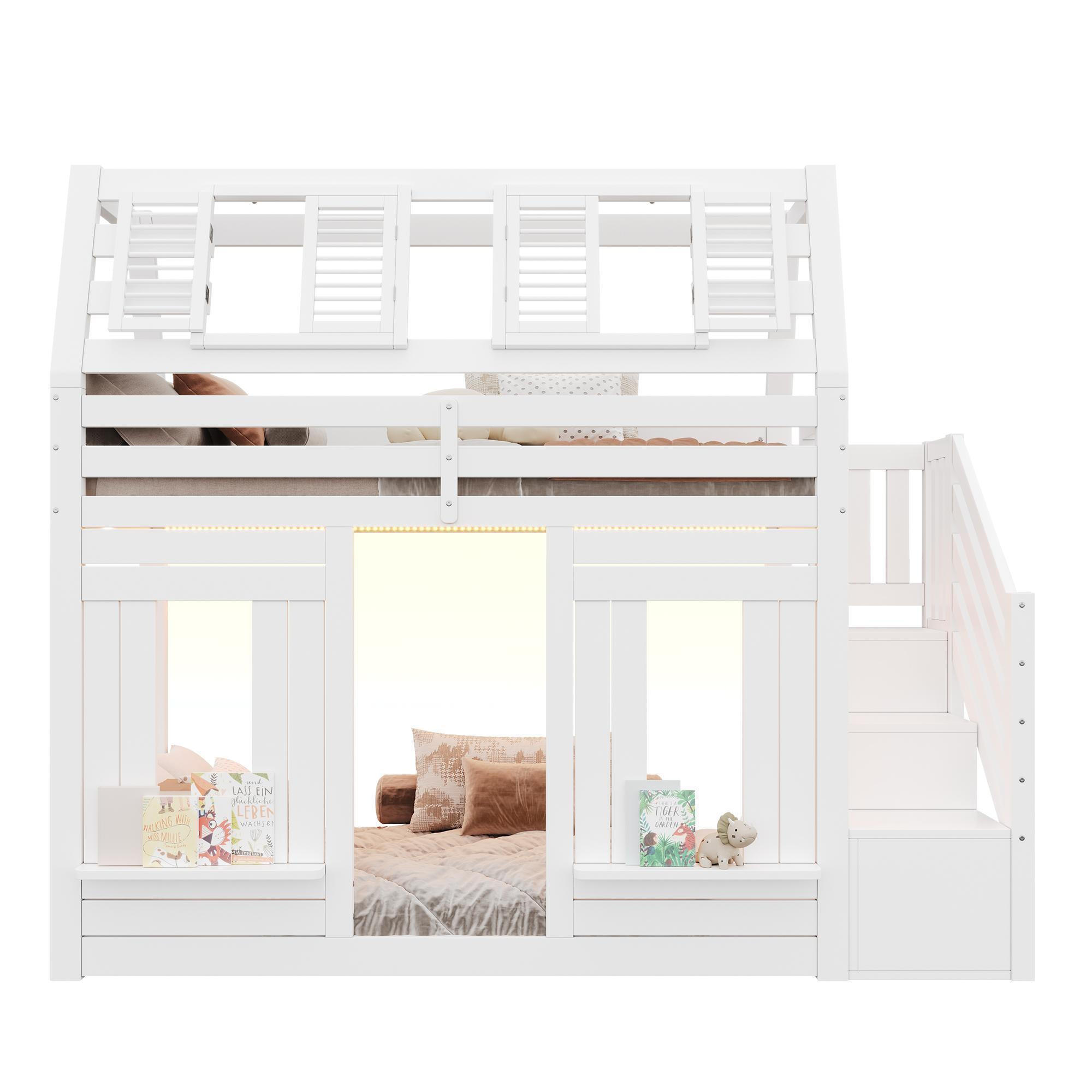 HAUSBETT 140/200 cm in weiß mit Stauraumtreppe - Weiß, Holz (90/200cm) - KOMHTOM