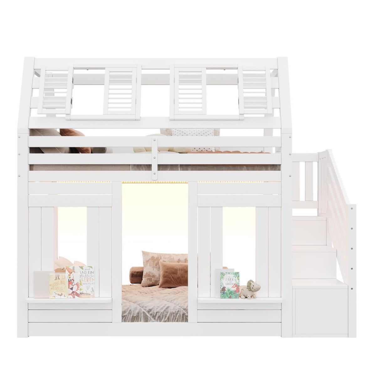 HAUSBETT 140/200 cm in weiß mit Stauraumtreppe - Weiß, Holz (90/200cm) - KOMHTOM