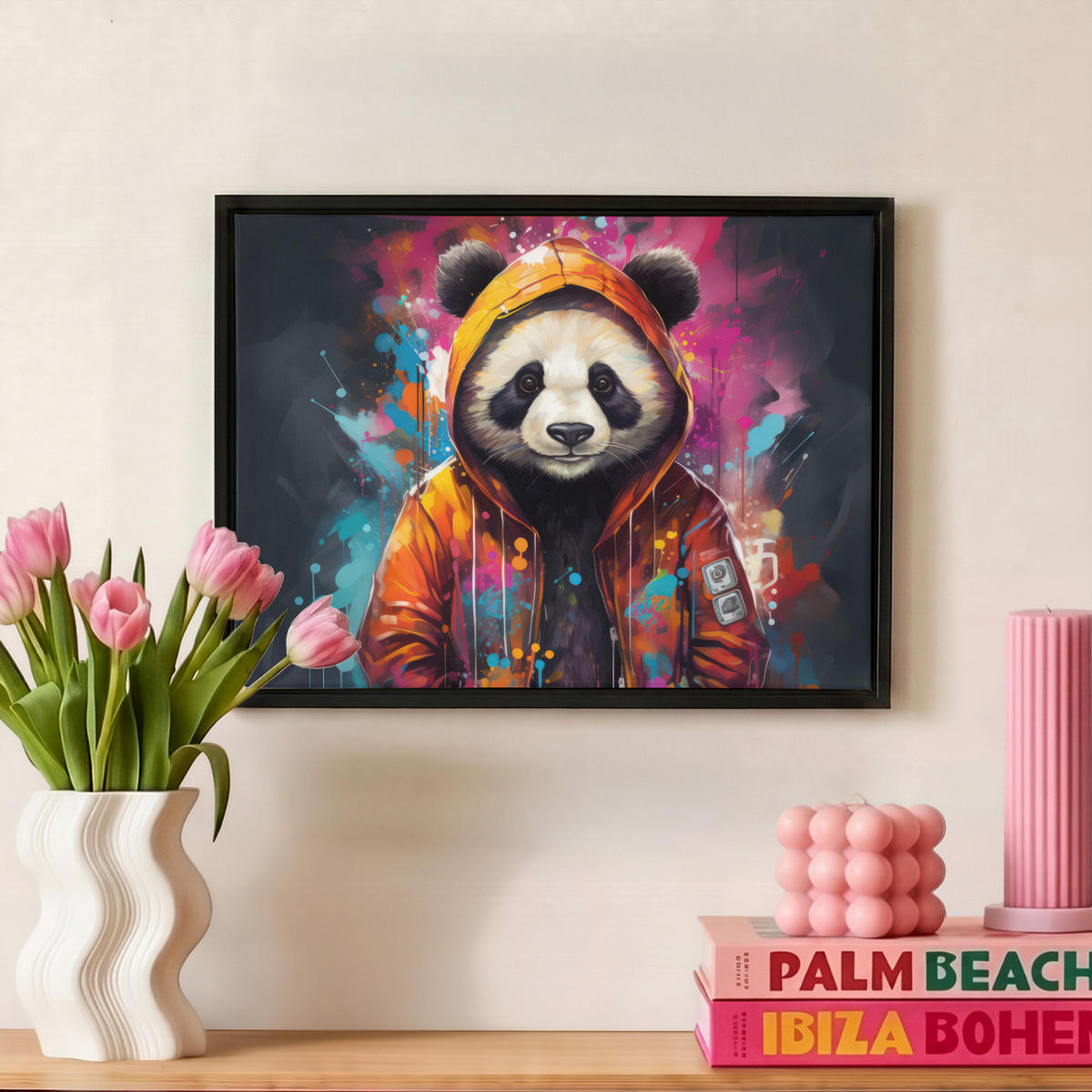 LEINWAND Bilder mit Rahmen - Panda - Jacke - Graffiti - Orange - 40x30 - Orange, Textil (40/30cm) - MuchoWow