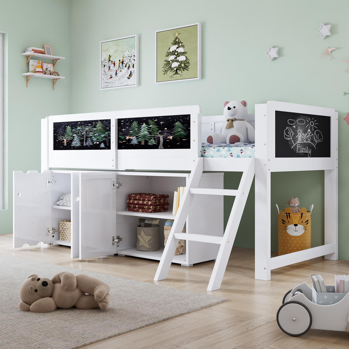 HOCHBETT 90/200 cm Weiß Schwarz mit Stauraum und Kreidetafel aus Kiefer und MDF - Weiß, Holzwerkstoff (90/200cm) - OKWISH