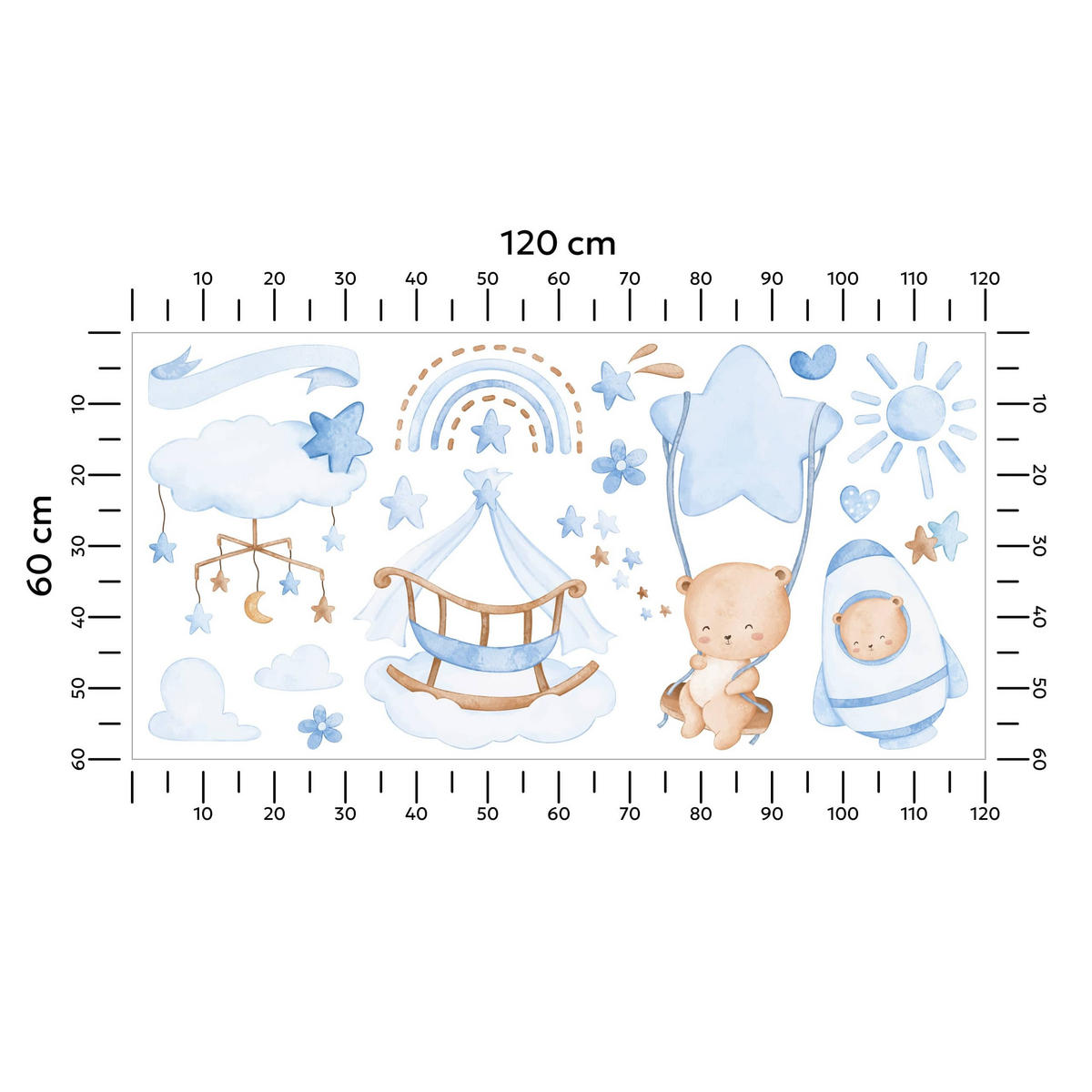 WANDSTICKER Teddybären blaue Wolken Sterne Regenbogen 120x60 - Blau/Beige, Papier (120/60/1cm) - Muralo