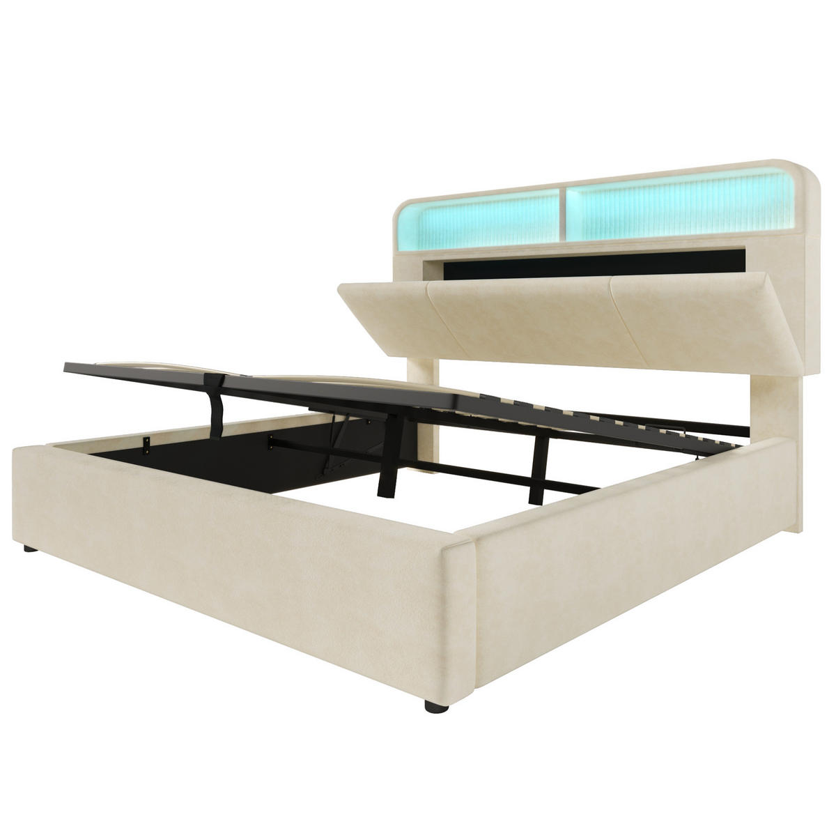POLSTERBETT aus Samt 180x200 cm in Beige mit LED & USB/Type-C-Ladestation - Beige, Textil (180/200cm) - Modfu