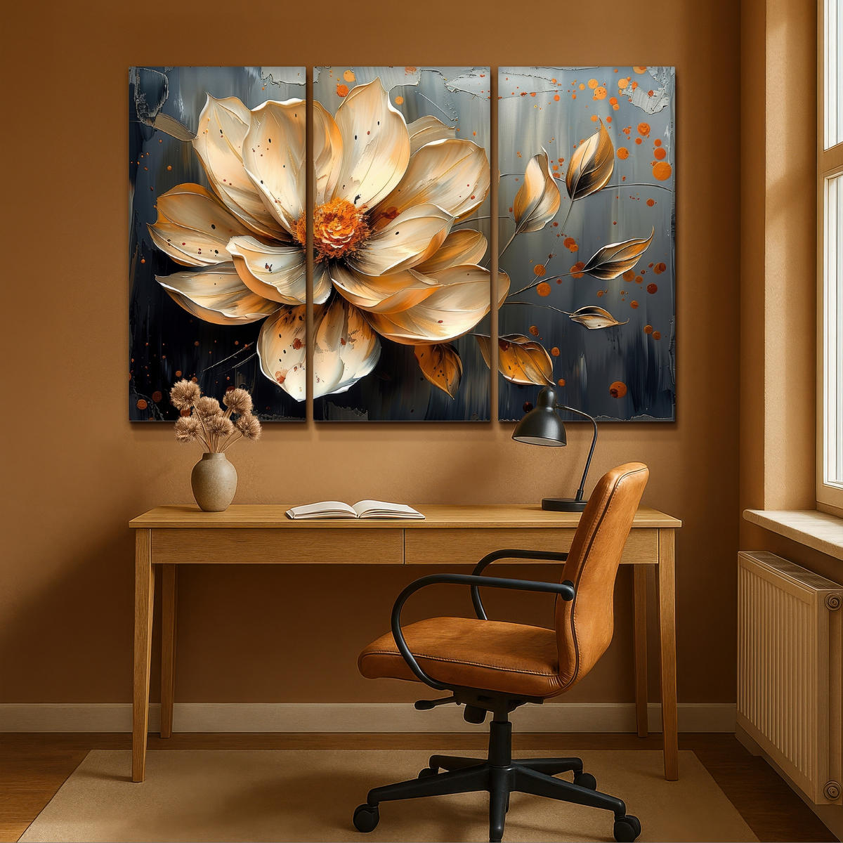 LEINWANDBILD 3er Set Blume - Gold - Abstrakt - Farbe 180x120 cm - Creme, Textil (180/120cm) - MuchoWow