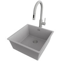 UNTERBAUSPÜLE GRANIT London, 2-er set Grau 46/47 cm 1 Becken + Küchenarmatur 40/20 cm + Ablauf-Set ab 50er Unterschrank - Grau, Kunststoff (46/20/47cm) - Primagran