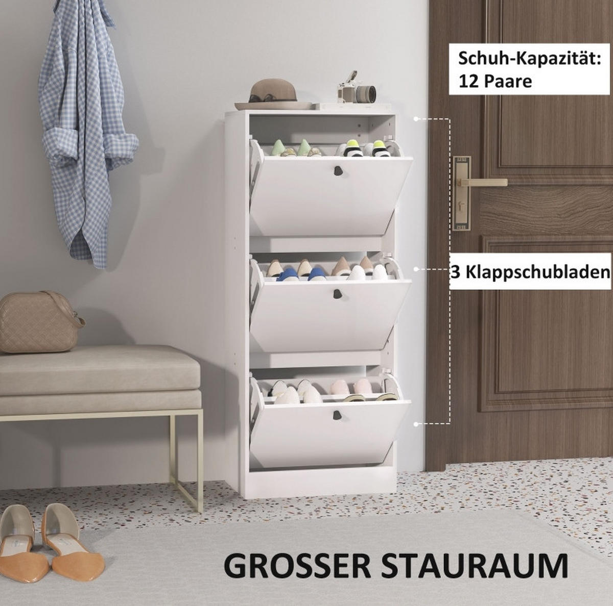 SCHUHSCHRANK mit 3 Klappen 47 x 28 x 115 cm Holz White - Weiß, Holz (28/115/47cm) - Beauniv